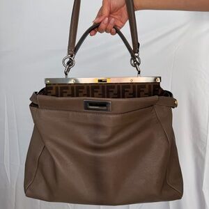 Fendi Peekaboo Shoulder Bag Medium Gray Leather FF Zucca Interior Gold Hardware